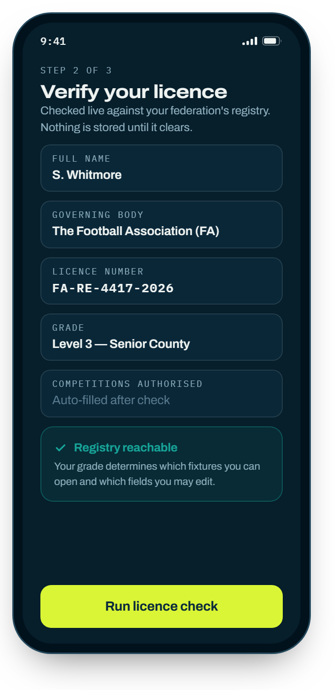 Entering a referee licence number for verification.