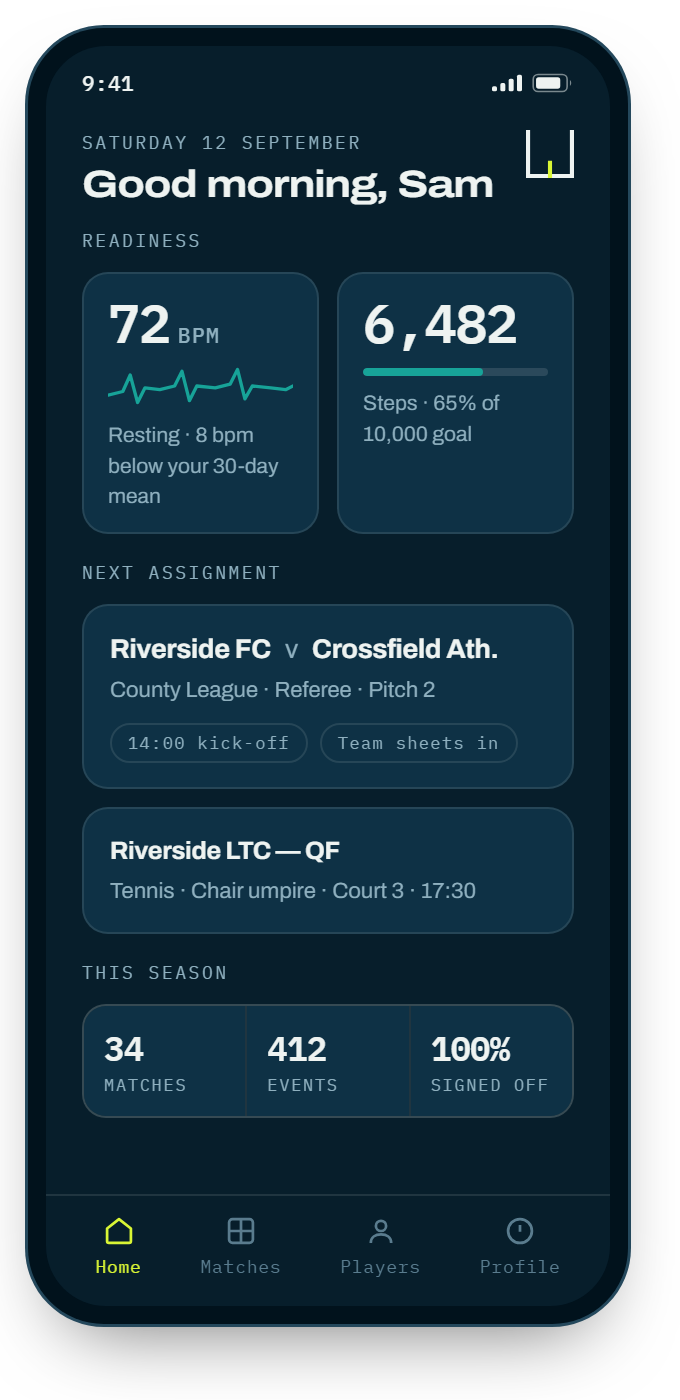 Home screen with fixtures and the official's own heart rate and workload.