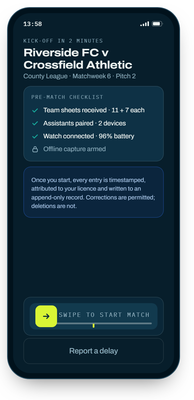 Starting a match from the phone with team sheets confirmed.