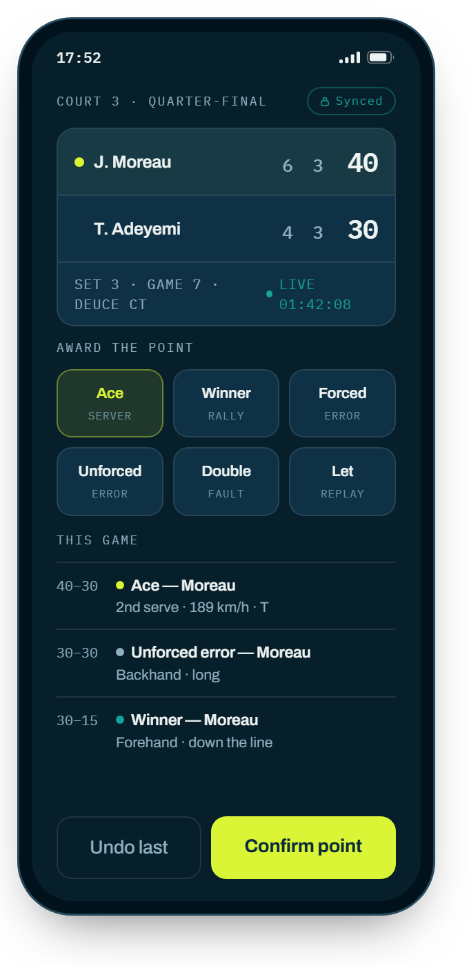 A live tennis match being scored point by point.
